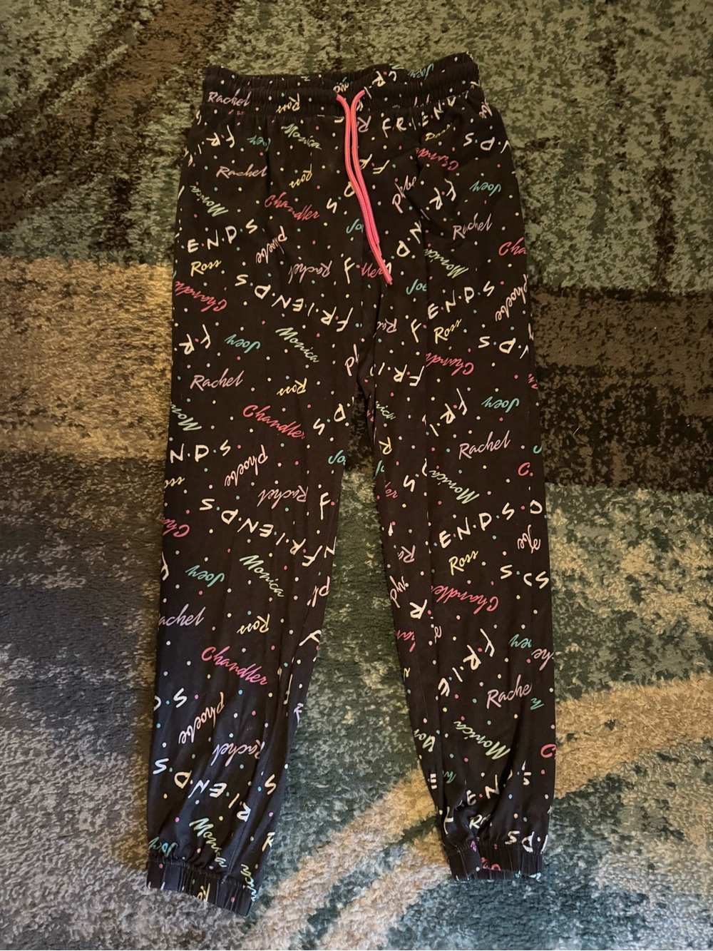 Women’s Friends  Black Pajama Pants with Multicolor Script Sz s